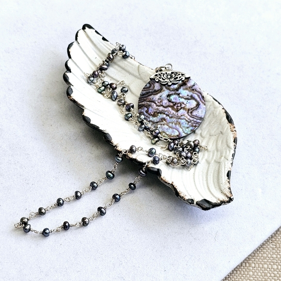 925 Silver Abalone and Pearl Station Necklace - Picture 7 of 15